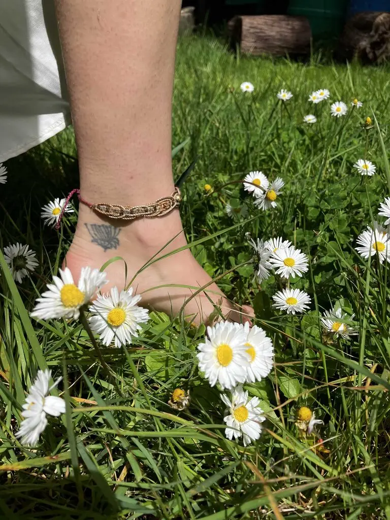 a foot with a dandelion tattoo steps in grass with white flowers