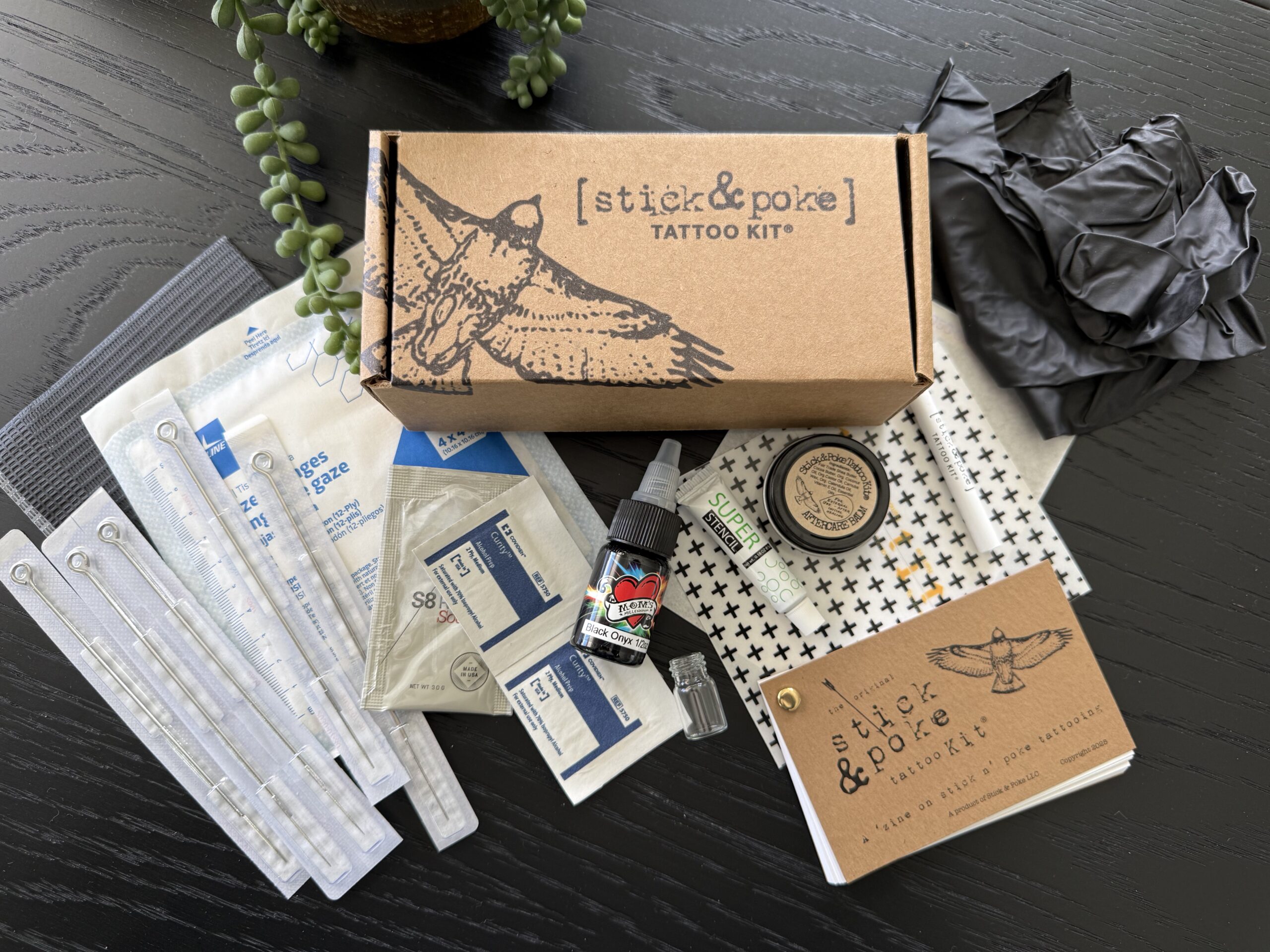 Stick and Poke Tattoo Kit Basic Kit with ink, sterile needles, preparation supplies, aftercare balm and instruction booklet.
