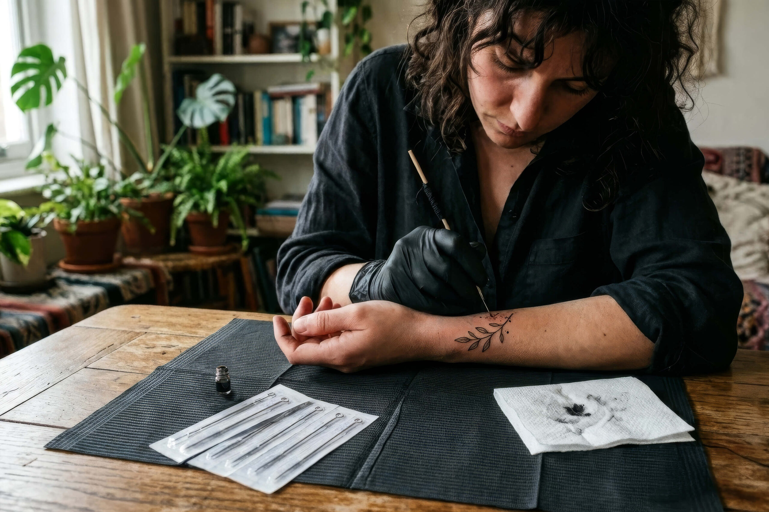 Person doing a stick and poke tattoo on their forearm using a hand poke tattoo needle and ink